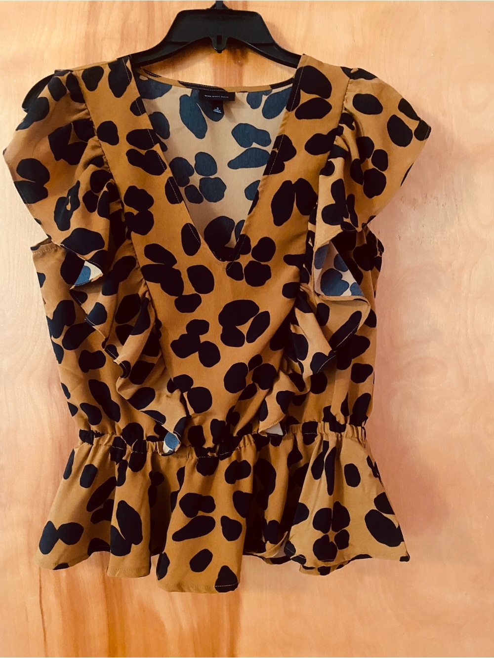Who What Wear Mustard and Black Leopard Print Ruffle V-Neck Blouse